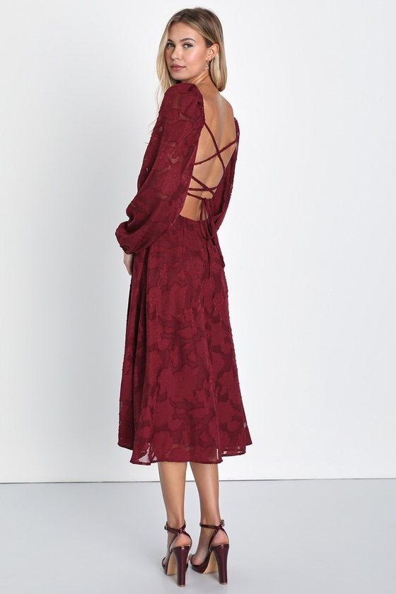 Lulus Flirtatious Nature Burgundy Floral Jacquard Lace-up Midi Dress