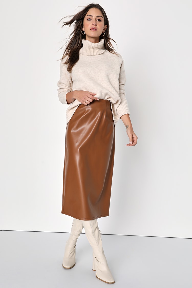 brown leather a line skirt
