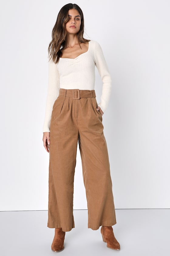 Burgundy Corduroy Solid Color High Waist Wide Leg Pants