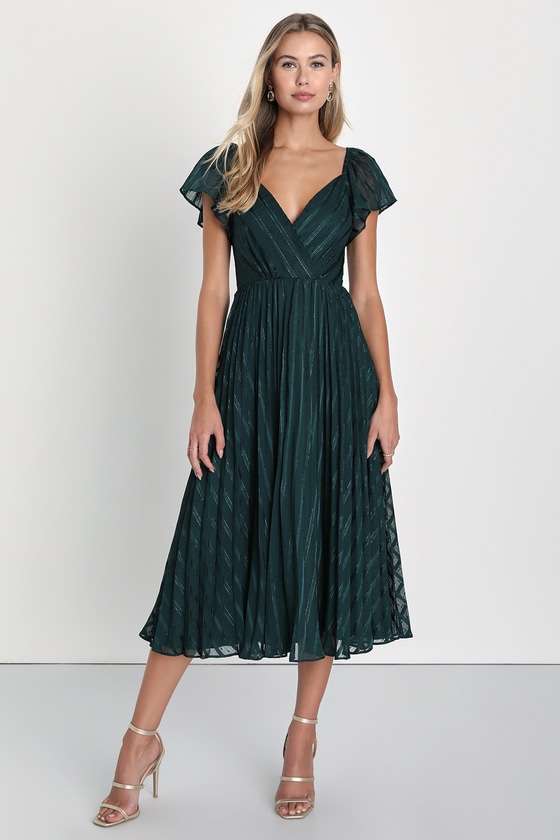 Emerald Lurex Dress - Flutter Sleeve Dress - A-Line Midi Dress - Lulus