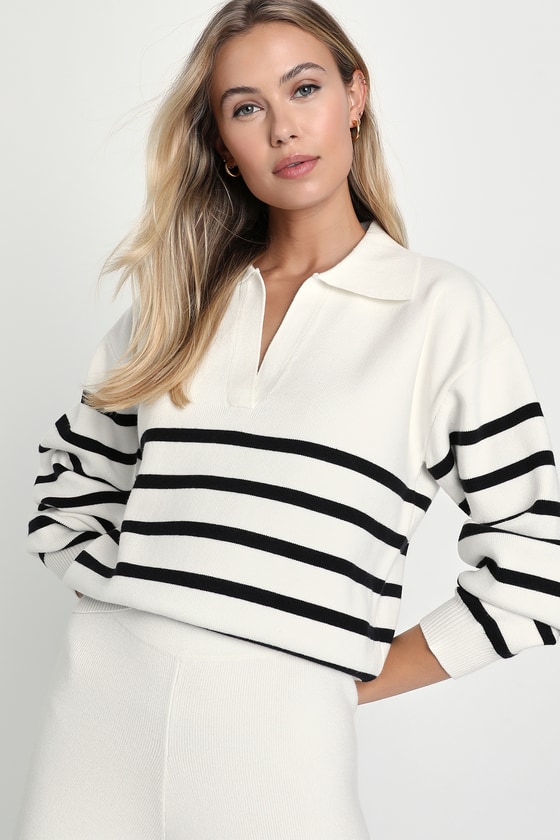 Lulus Comfy Culture Ivory And Black Striped Collared Sweater Top