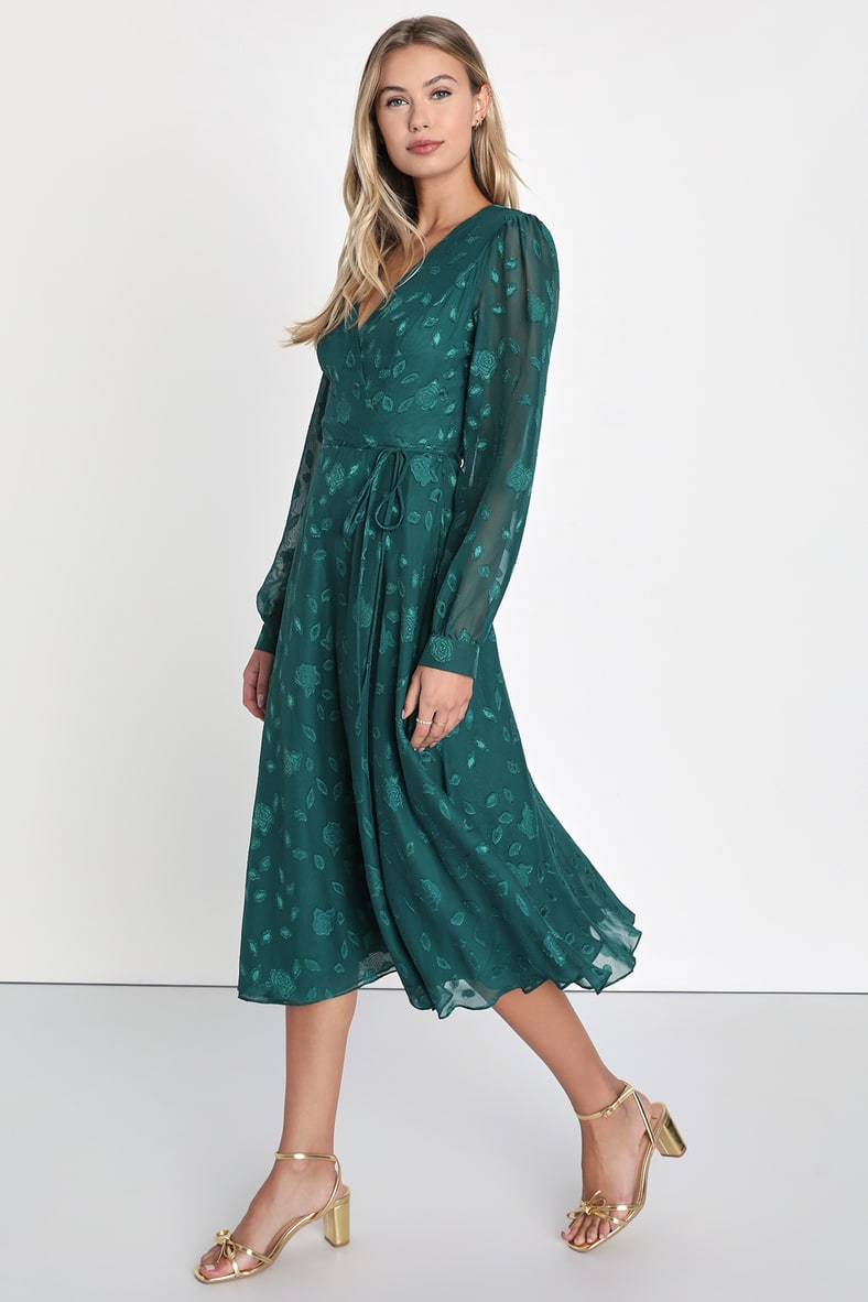 Evening of Elegance Emerald Green Floral Jacquard Wrap Dress