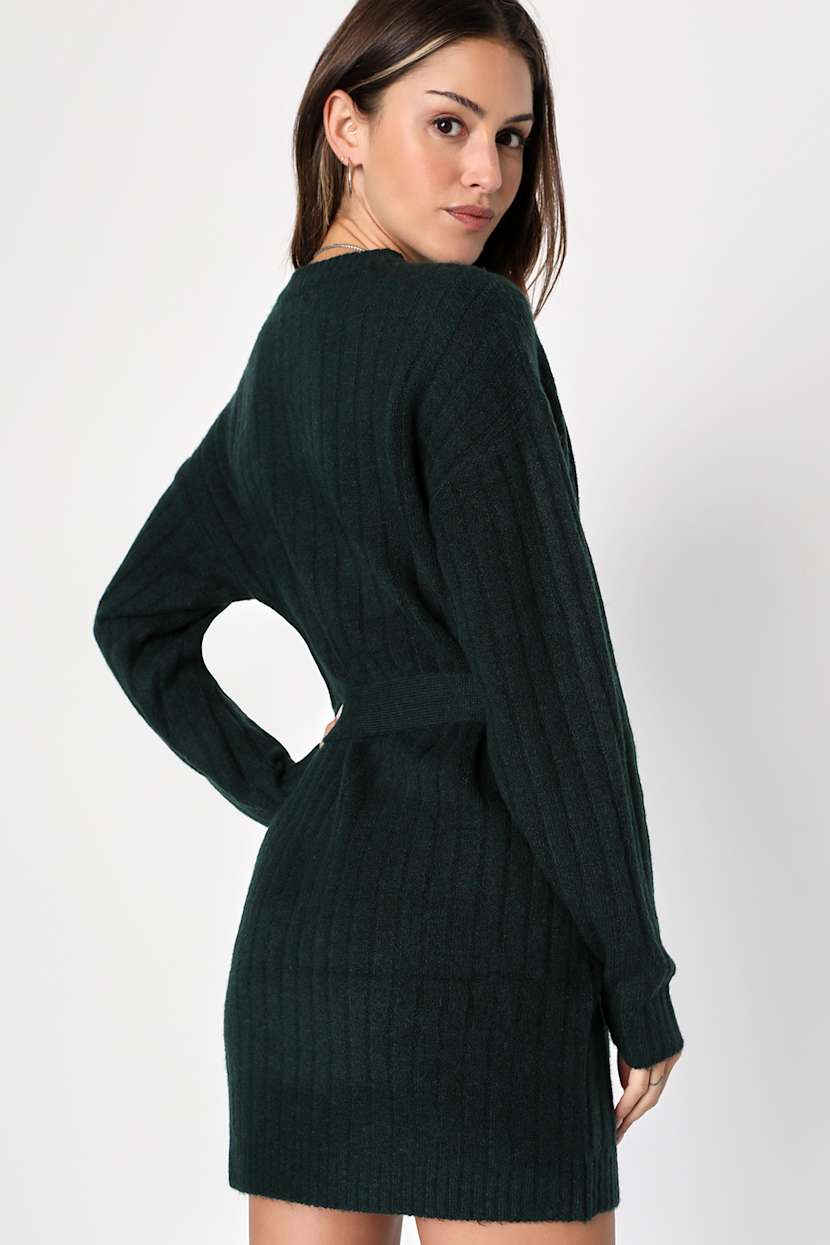 Green Sweater Dress - Mini Sweater Dress - Long Sleeve Dress