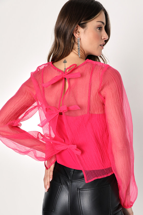 Pink Chiffon Top - Sheer Tie-Back Top - Sheer Long Sleeve Top - Lulus