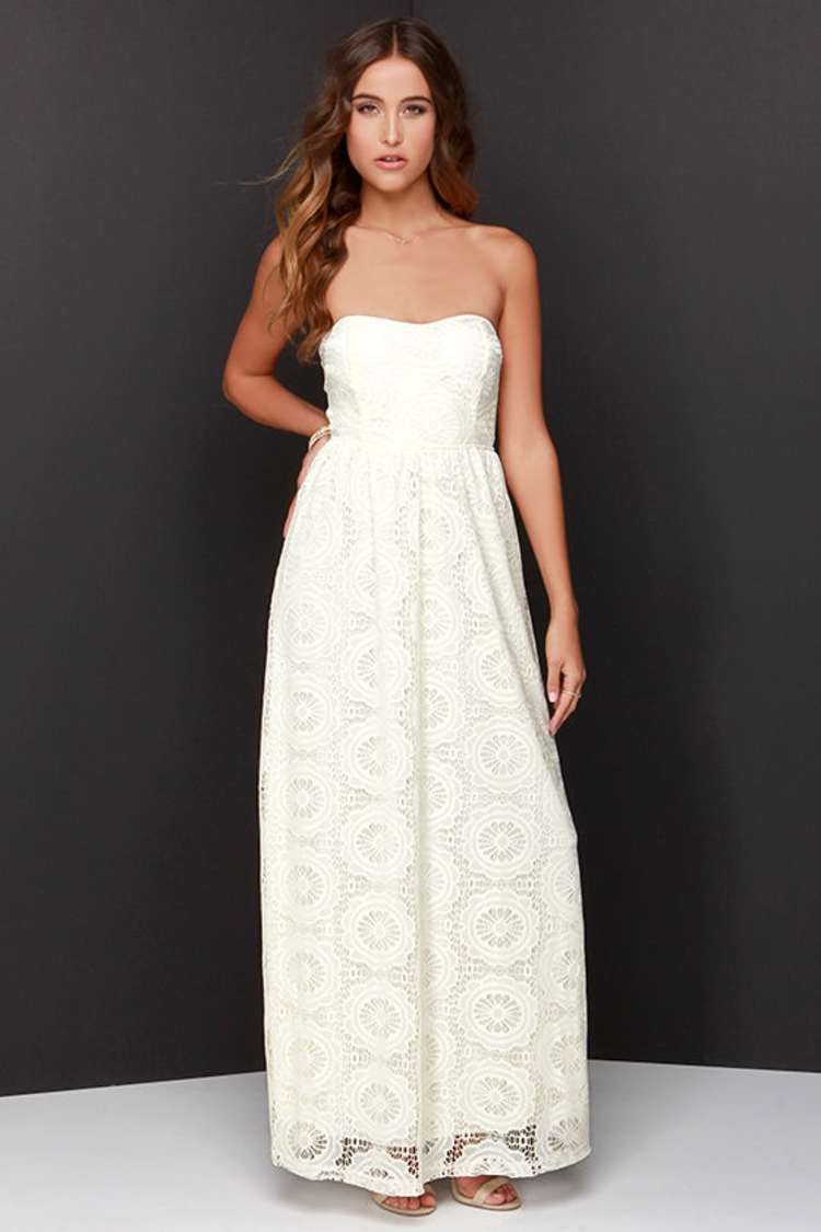 No Less Than Flawless Strapless Cream Lace Maxi Dress