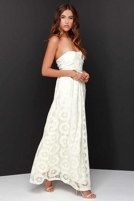 Lovely Strapless Dress Cream Dress Lace Dress Maxi Dress 43.00