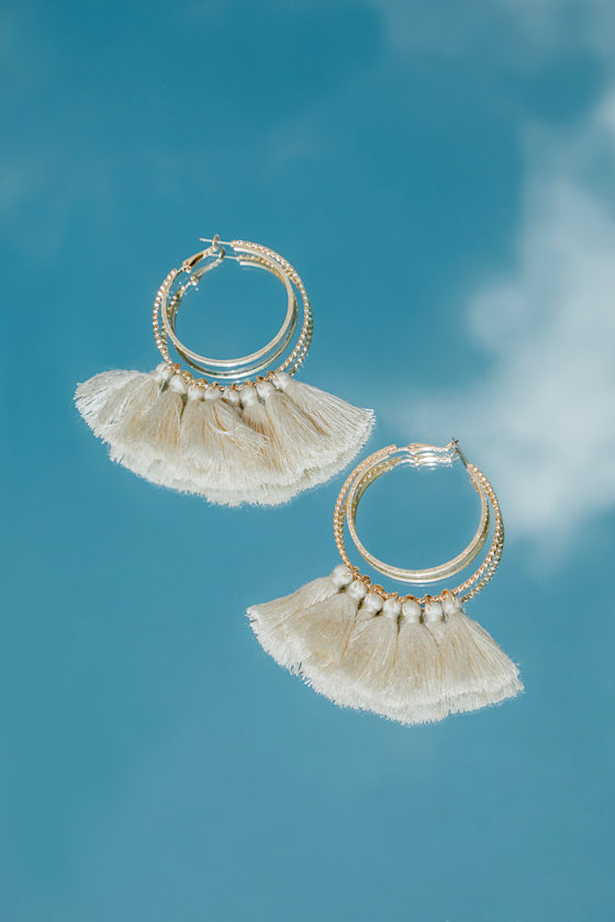 Lucky Love Gold and Ivory Tassel Hoop Earrings 1