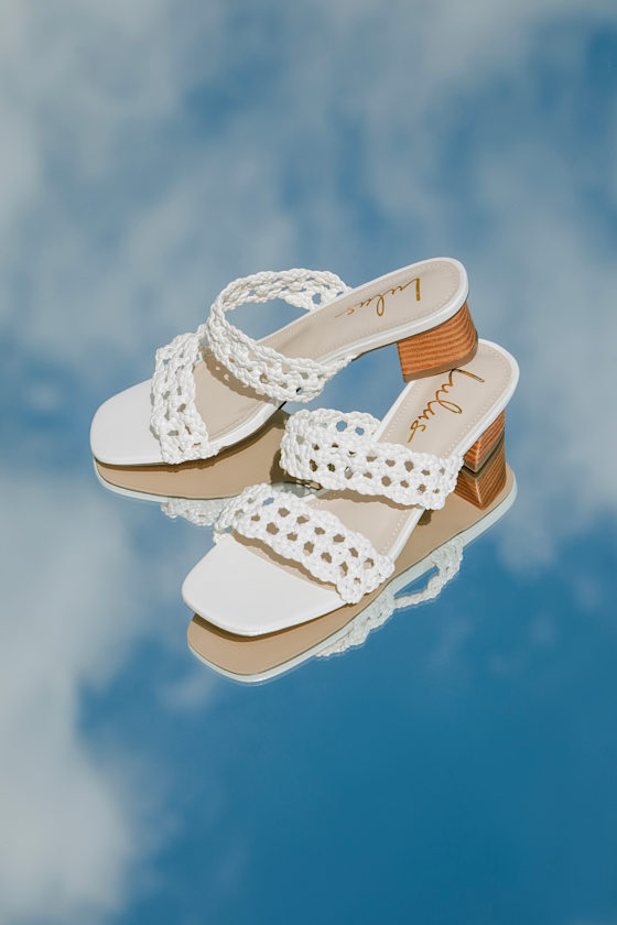Evangelina White Woven High Heel Slide Sandals 1