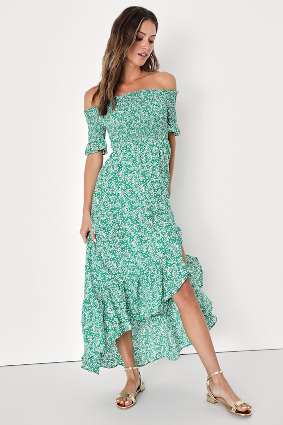 Fleur-tation Green Floral Print Off-the-Shoulder Midi Dress 11