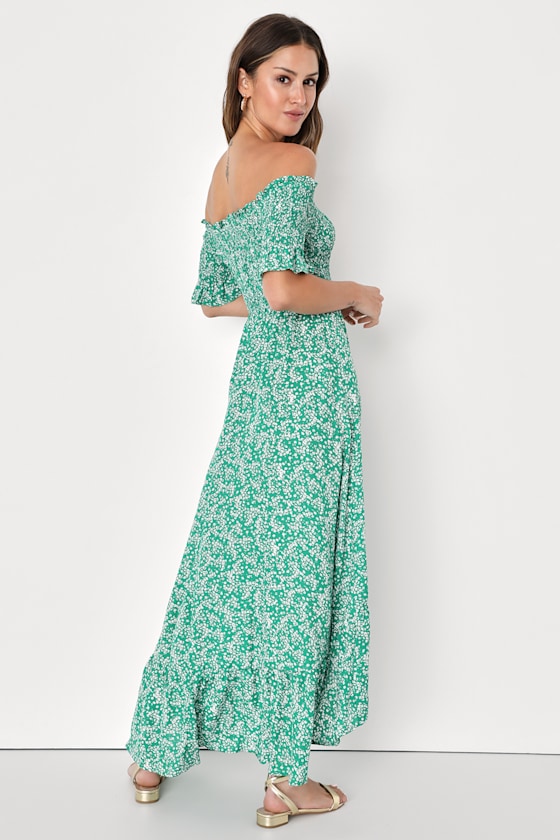 Fleur-tation Green Floral Print Off-the-Shoulder Midi Dress 13