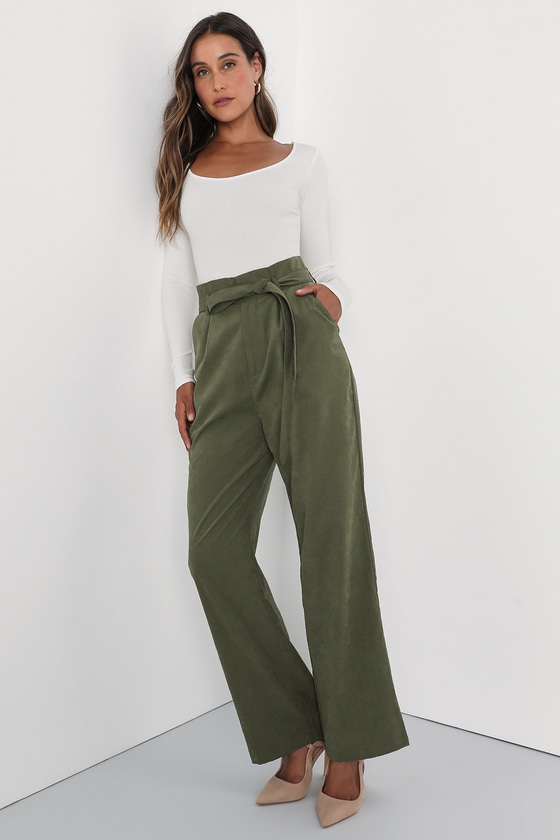 Olive Green Pants - High Waisted Pants - Paperbag Wide Leg Pants - Lulus