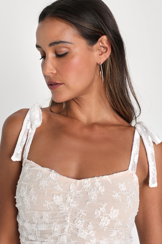 White Mini Dress - Bodycon Dress - Lace Dress - Ruched Mini