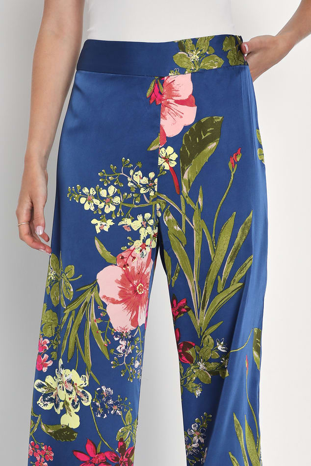 Thriving Vibes Navy Blue Floral Print Satin Wide-Leg Pants