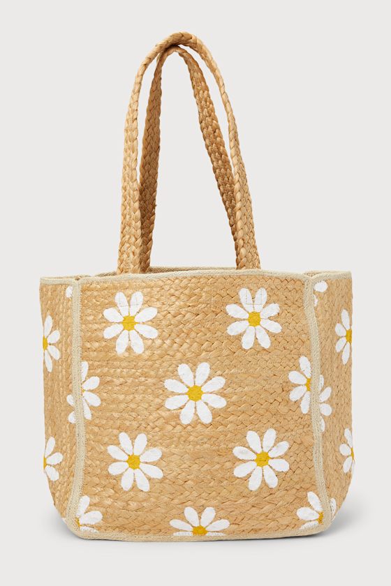 Daisy Woven Natural Floral Print Tote Bag 1