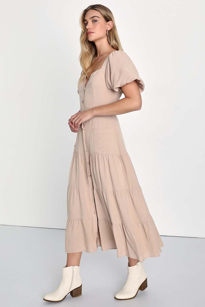 Beige Puff Sleeve Dress - Tiered Midi Dress - Dress with Pockets