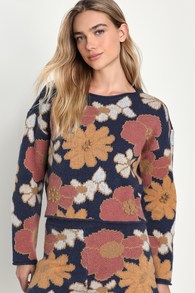 Thriving Weekend Navy Blue Floral Knit Pullover Lounge Sweater