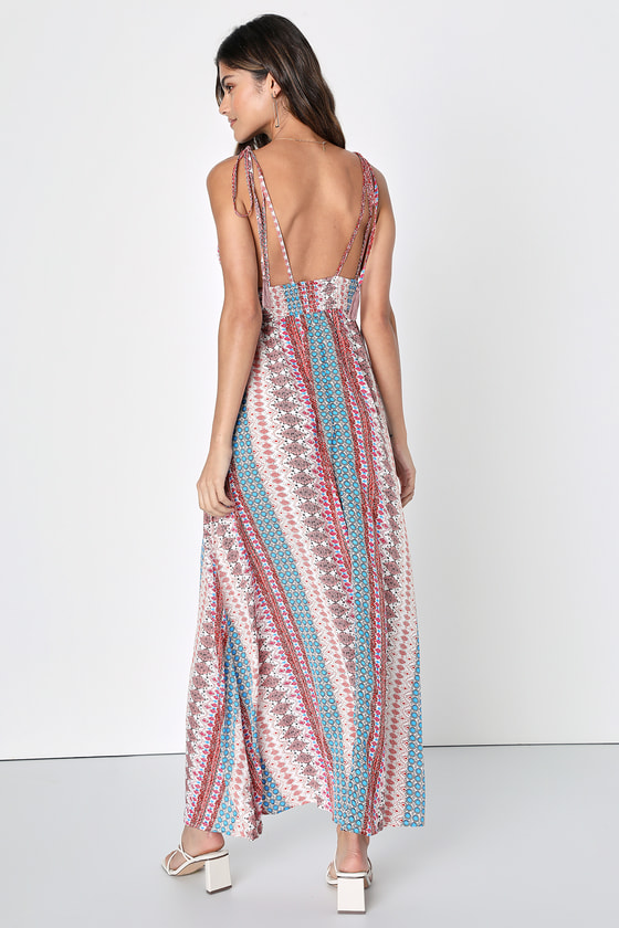 Boho Print Maxi Dress - Tie-Strap Maxi Dress - Plunge Maxi Boho Print Maxi Dress - Tie-Strap Maxi Dress - Plunge Maxi