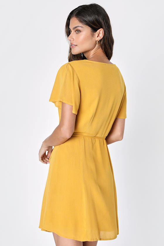 Cute Mustard Yellow Dress - Wrap Dress - Short Sleeve Dress - Lulus