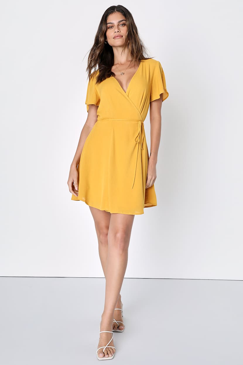 Harbor Point Mustard Yellow Flutter-Sleeve Mini Wrap Dress
