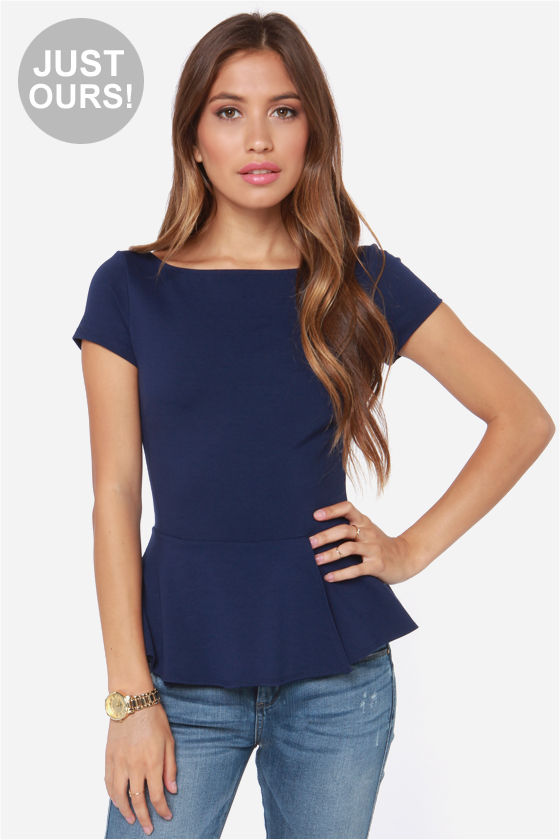 Navy Blue Peplum Top - Short Sleeve Top - Cute Blue Shirt - $29.00 - Lulus