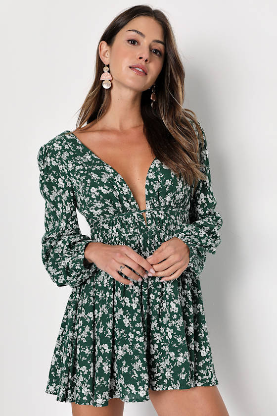 Dark Green Floral Print Romper Long Sleeve Romper Cute Romper Lulus