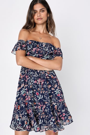 My Favorite Navy Blue Floral Print Off-the-Shoulder Dress
