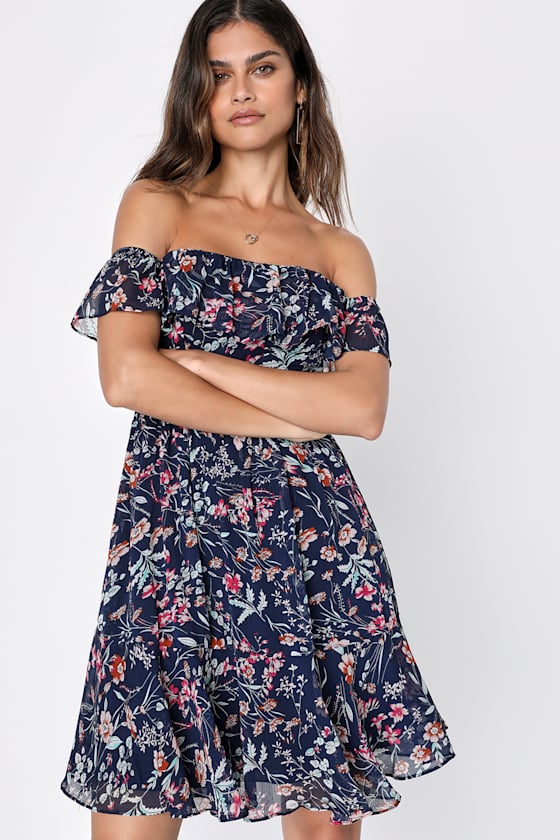 My Favorite Navy Blue Floral Print Off-the-Shoulder Dress 6