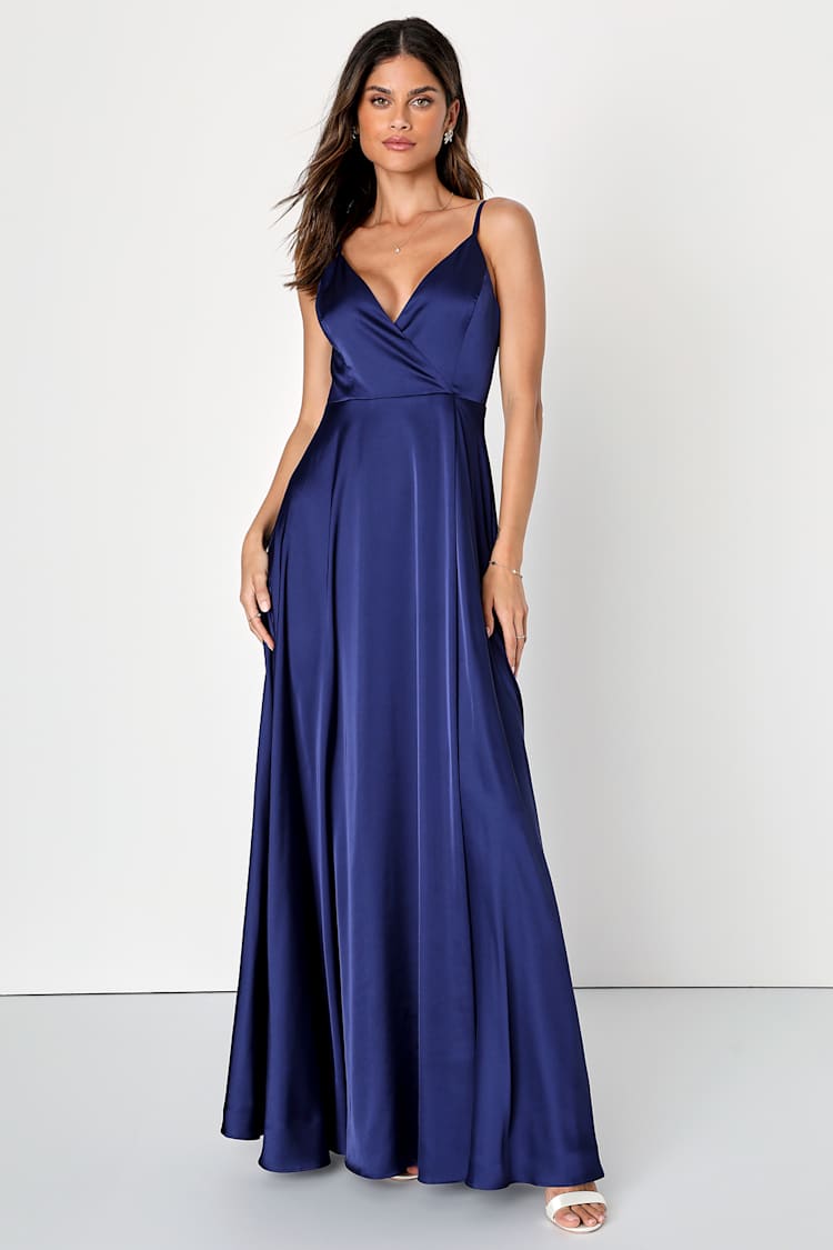blue pleated strapless dress Simple A Line Scoop Neck Blue Silk Satin Long Bridesmaid Dresses with Slit  ABBD061803 – Anniebride main image 0