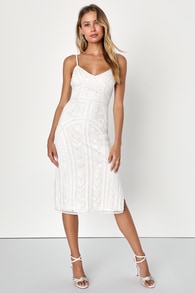 Alluring Interest White Sequin Embroidered Sleeveless Midi Dress