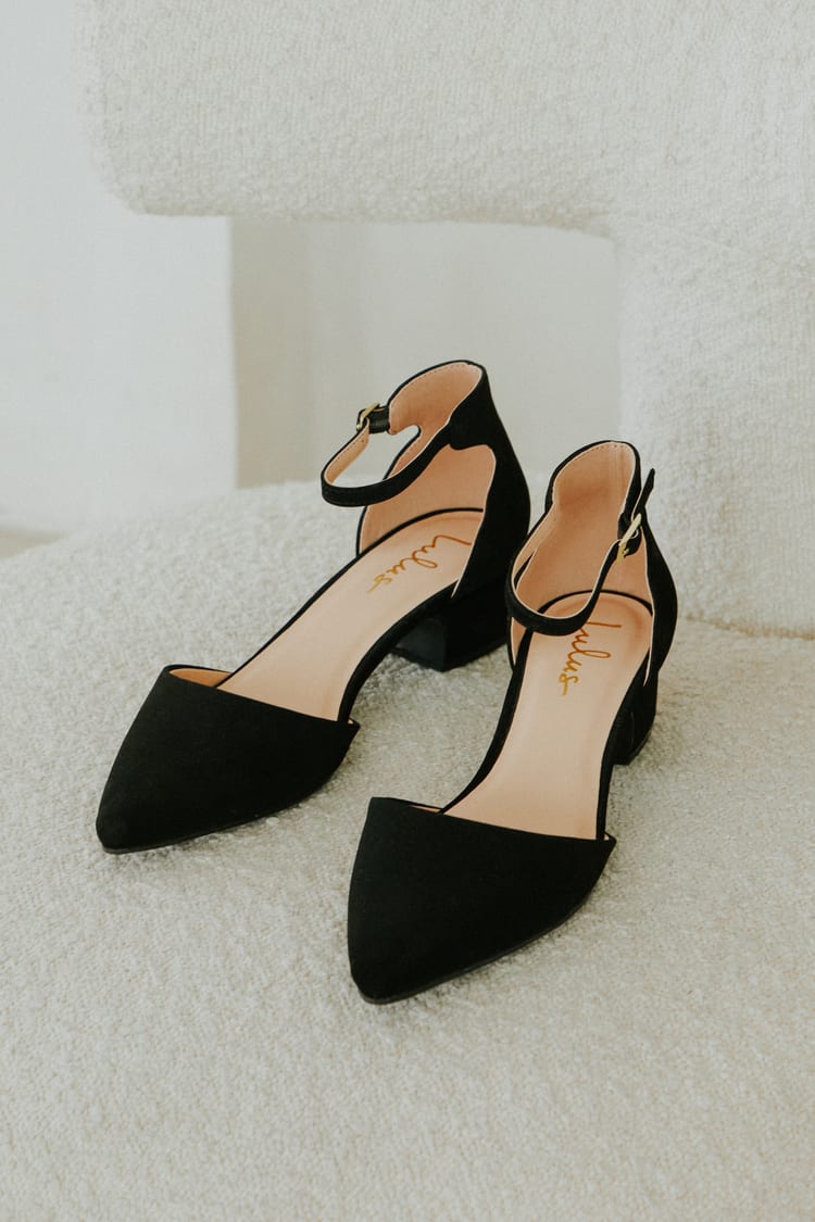 Cute Black Heels - Nubuck Ankle Strap Pumps - Block Heel Pumps - Lulus