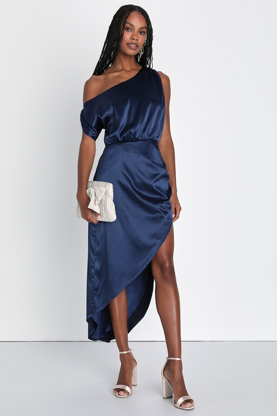 Navy Satin Dress - One-Shoulder Midi Dress - Asymmetrical Dress - Lulus