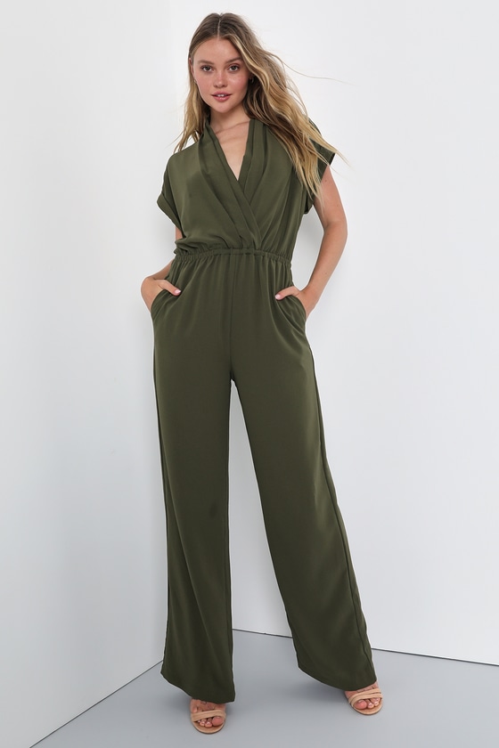 Olive Green Jumpsuit - Short Sleeve Jumpsuit - Wide-Leg Jumpsuit - Lulus