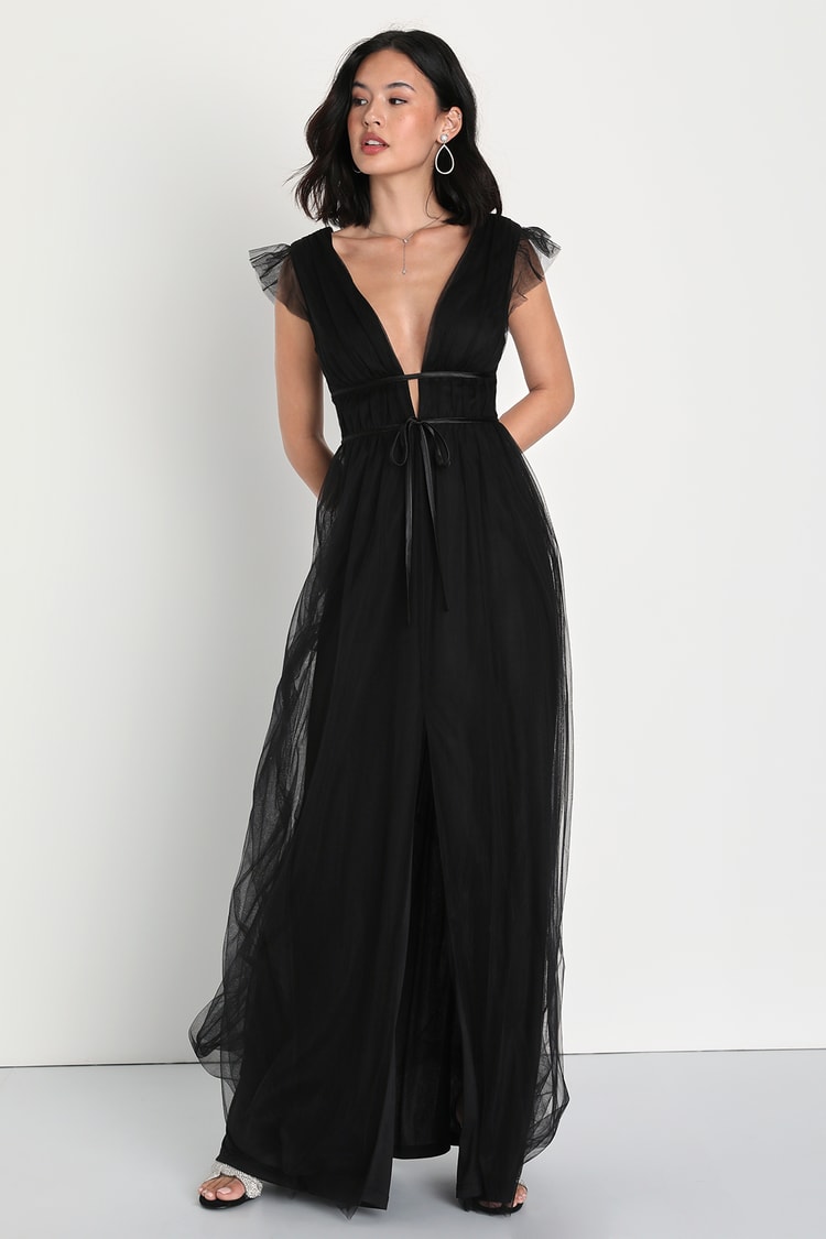 Black Tulle Dress - Ruffle Sleeve Dress - Black Bridesmaid Dress