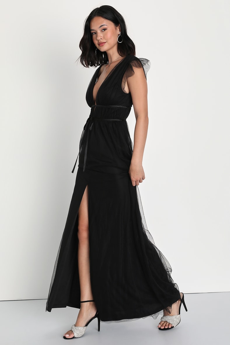 I'm All Yours Black Tulle Ruffled Maxi Dress