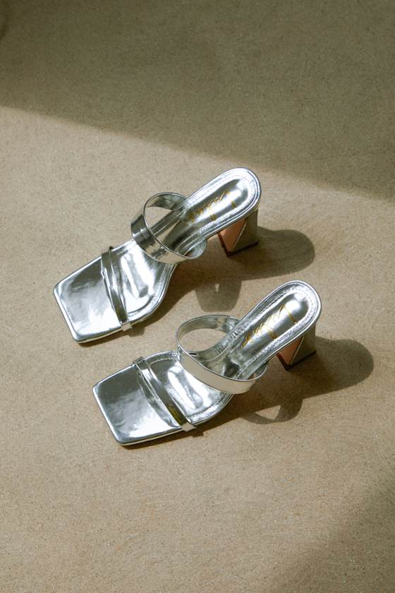 Fiire Silver Metallic Square-Toe High Heel Slide Sandals 1