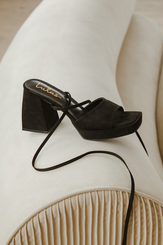 Fiyaa Black Suede Lace-Up Chunky High Heel Sandals 1