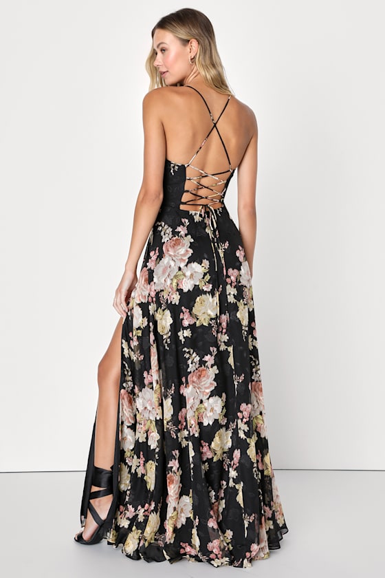 Black Floral Lace Charming Back Maxi Dress main image 1