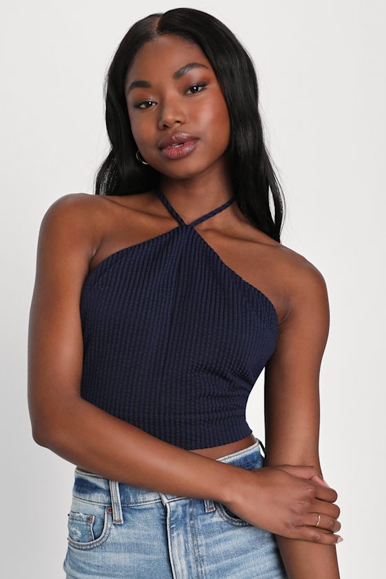 Keep Crushing Navy Blue Waffle Knit Halter Crop Top 3