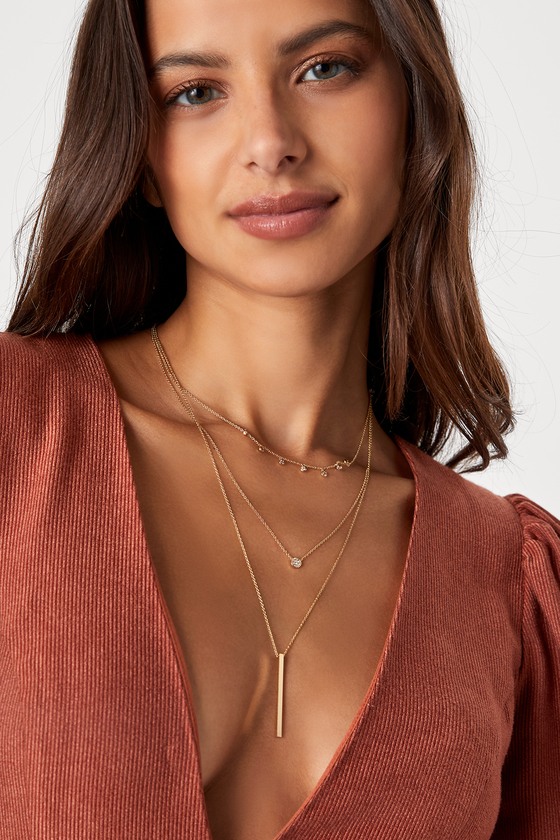 Glowing Geometry Gold Rhinestone Bar Pendant Layered Necklace