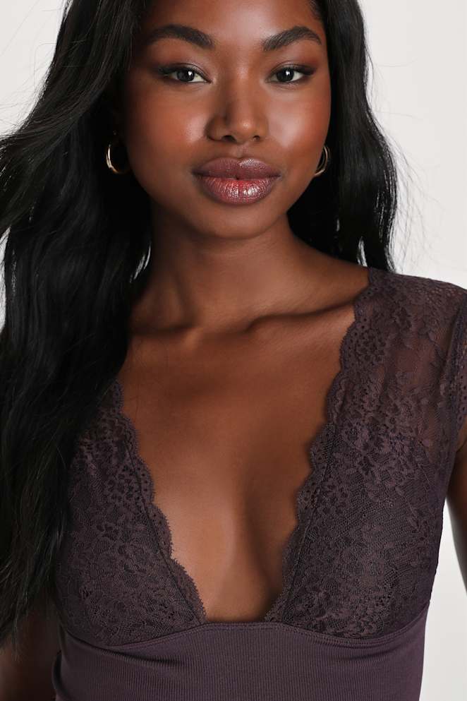 Power Play Chocolate Ribbed Knit Lace Cami Top