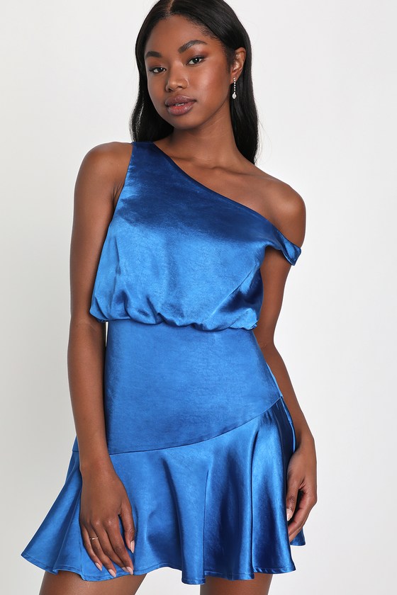 Blue Satin Mini Dress - Off-the-Shoulder Mini Dress - Satin Dress - Lulus