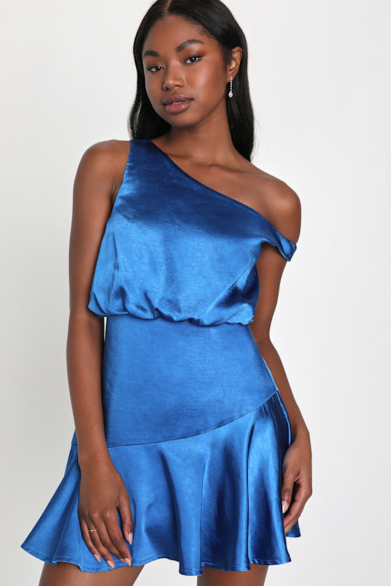 Blue Satin Off-Shoulder Balloon Sleeves Ruched Mini Dress