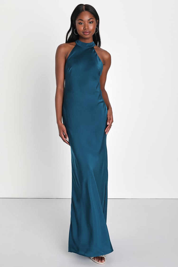 Astounding Elegance Dark Teal Blue Satin Halter Maxi Dress