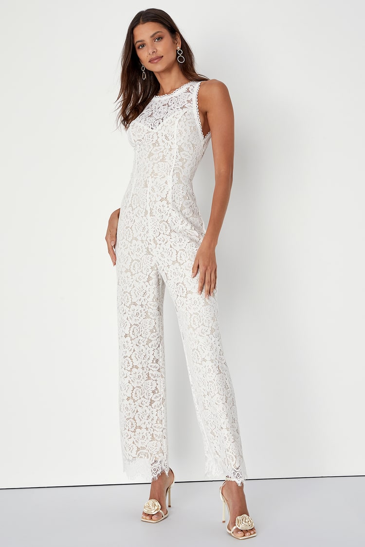 Love Everlasting White and Beige Lace Backless Jumpsuit