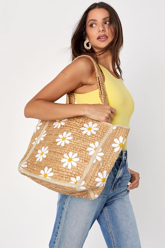 Daisy Woven Natural Floral Print Tote Bag 2