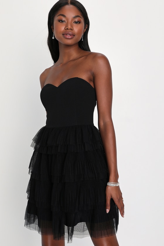 Lulus Fabulous Thoughts Black Tulle Strapless Tiered Mini Dress