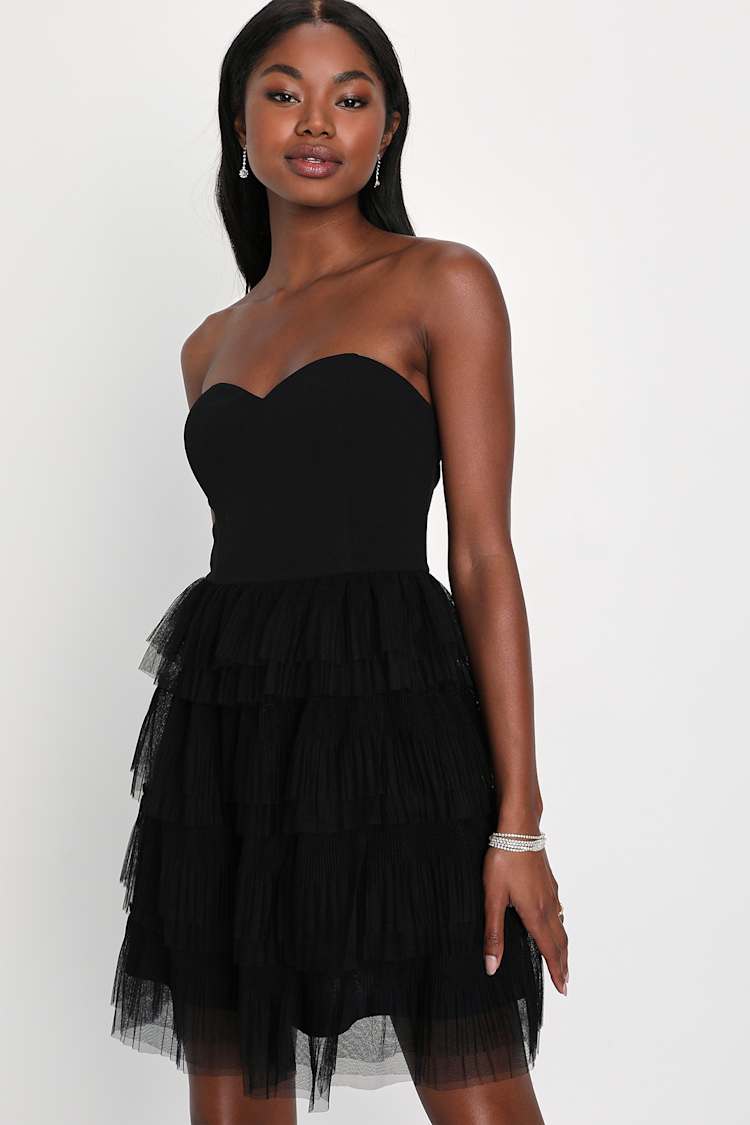 strapless black tulle dress Zapaka Women Black Formal Dress With Slit Strapless Tulle Tiered Ruffles  Formal Wear Dress – ZAPAKA main image 0