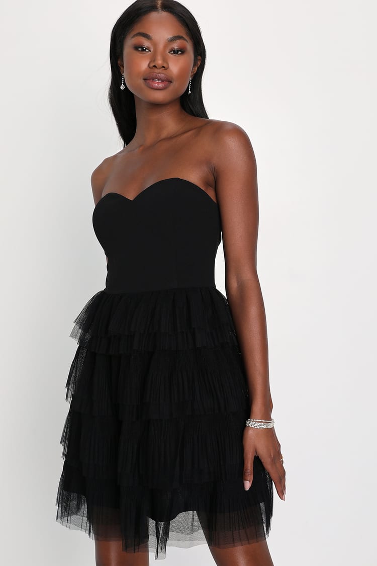 Black Mini Dress - Strapless Mini Dress - Tiered Tulle Dress - Lulus