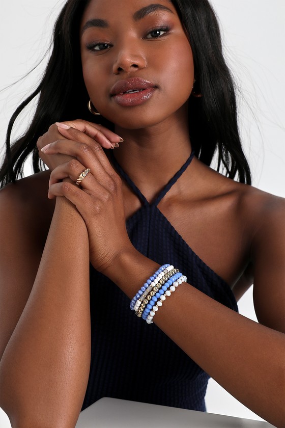 Blue White & Gold Bracelet Set - Elastic Bracelet Set - Bracelets - Lulus