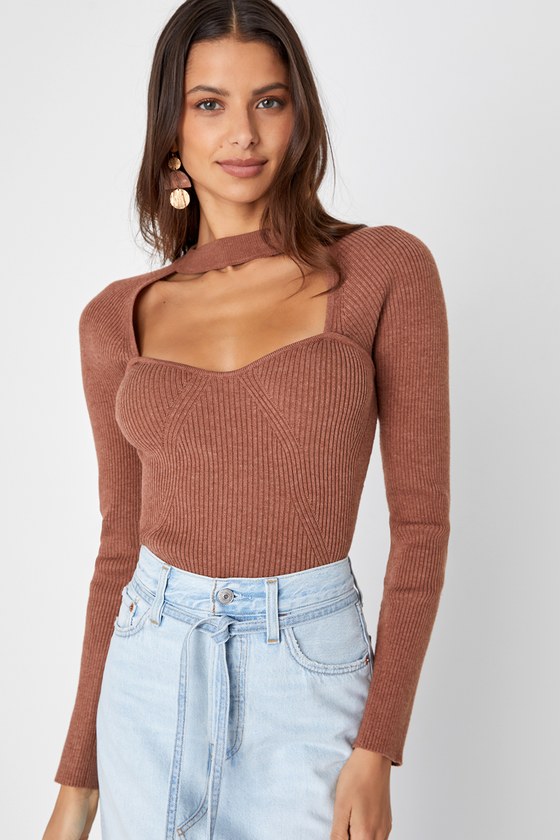 Brown Ribbed Knit Top - Mock Neck Top - Cutout Sweater Top - Lulus